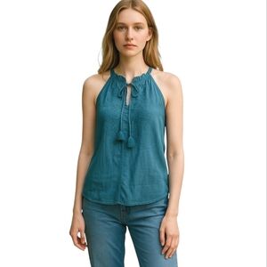 Loft Halter Tank Top Blue Embroidered Ruffle V-Neck w/ Tie Flowy Fit Small